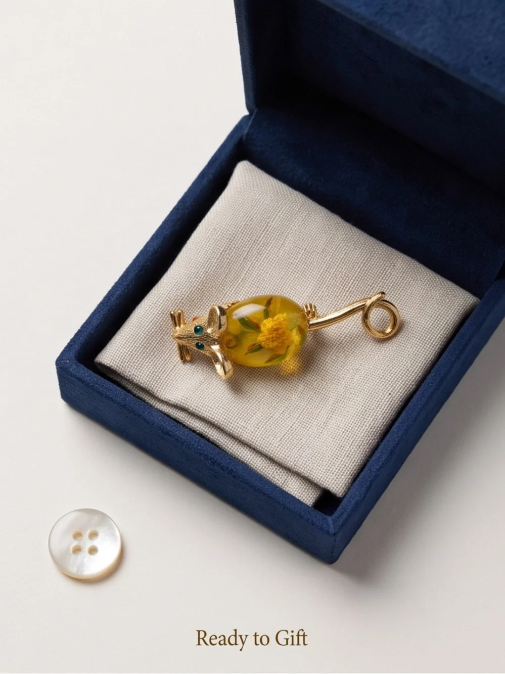 Vintage Gold-Tone Mouse Brooch with Floral Resin Body